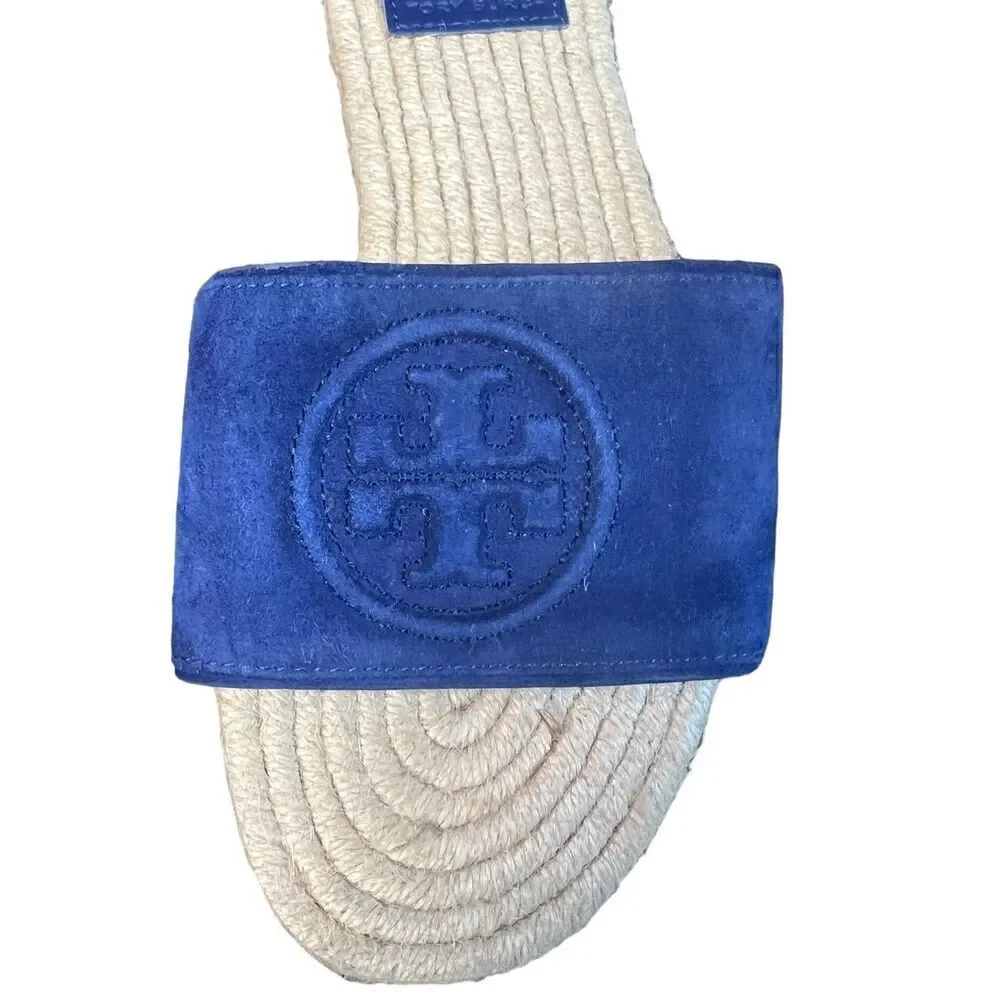Tory Burch Benton Open Toe Espadrille Slide in Midnight Blue  Suede NWOB Size 5
